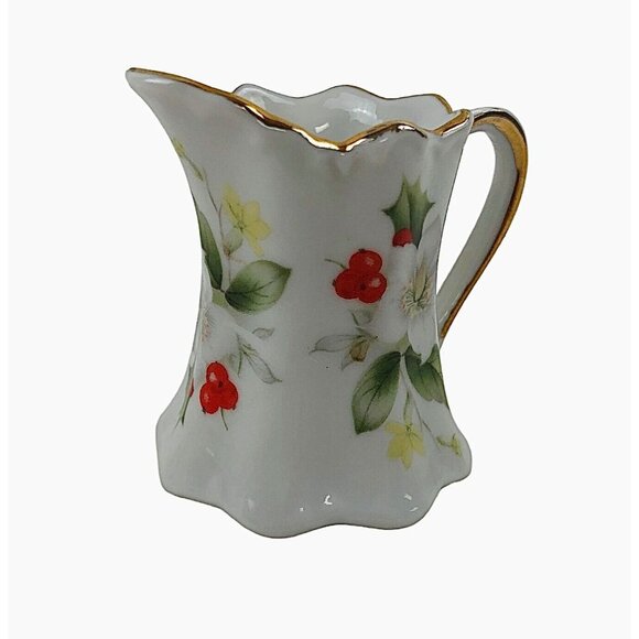 Vintage Porcelain Mini Creamer Sugar Set Floral Design Berries Leaves Gold Trim - Picture 5 of 10
